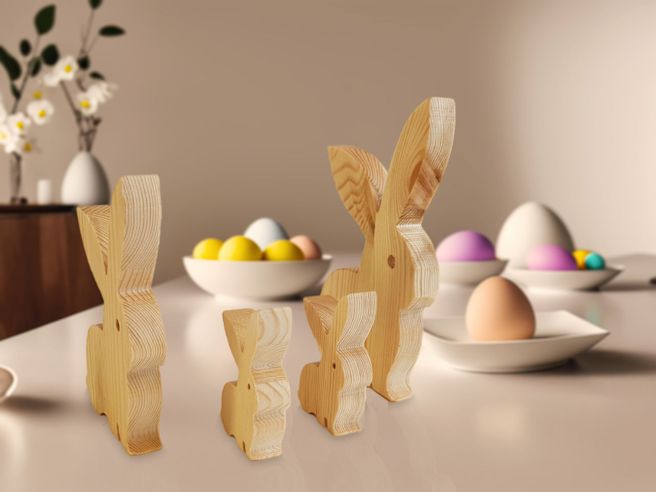 Hasen aus Kiefernholz 4er Set - Deko-Artikel (Bild 6) - Handgefertigtes Holzprodukt