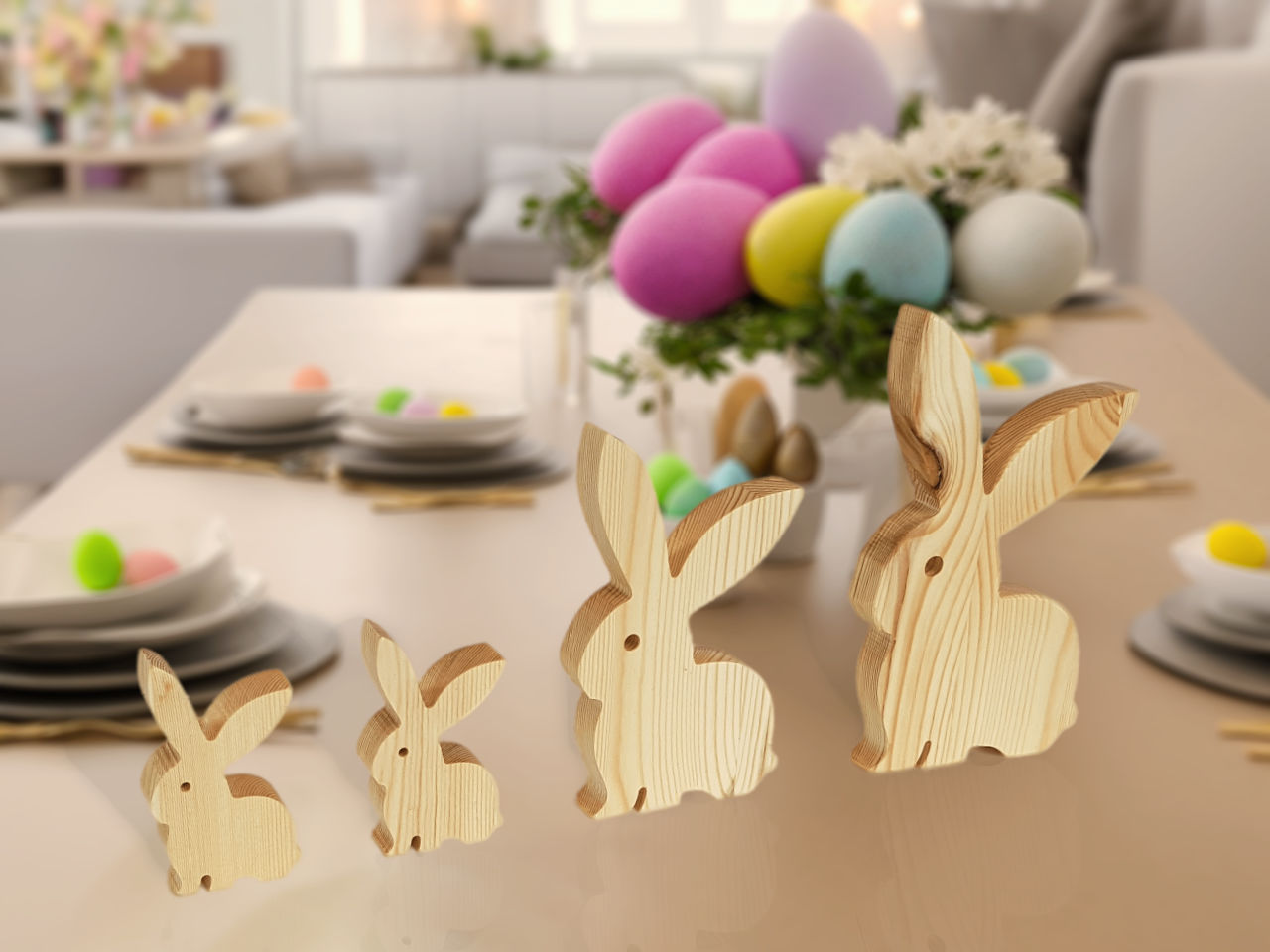 Hasen aus Kiefernholz 4er Set - Deko-Artikel (Bild 5) - Handgefertigtes Holzprodukt