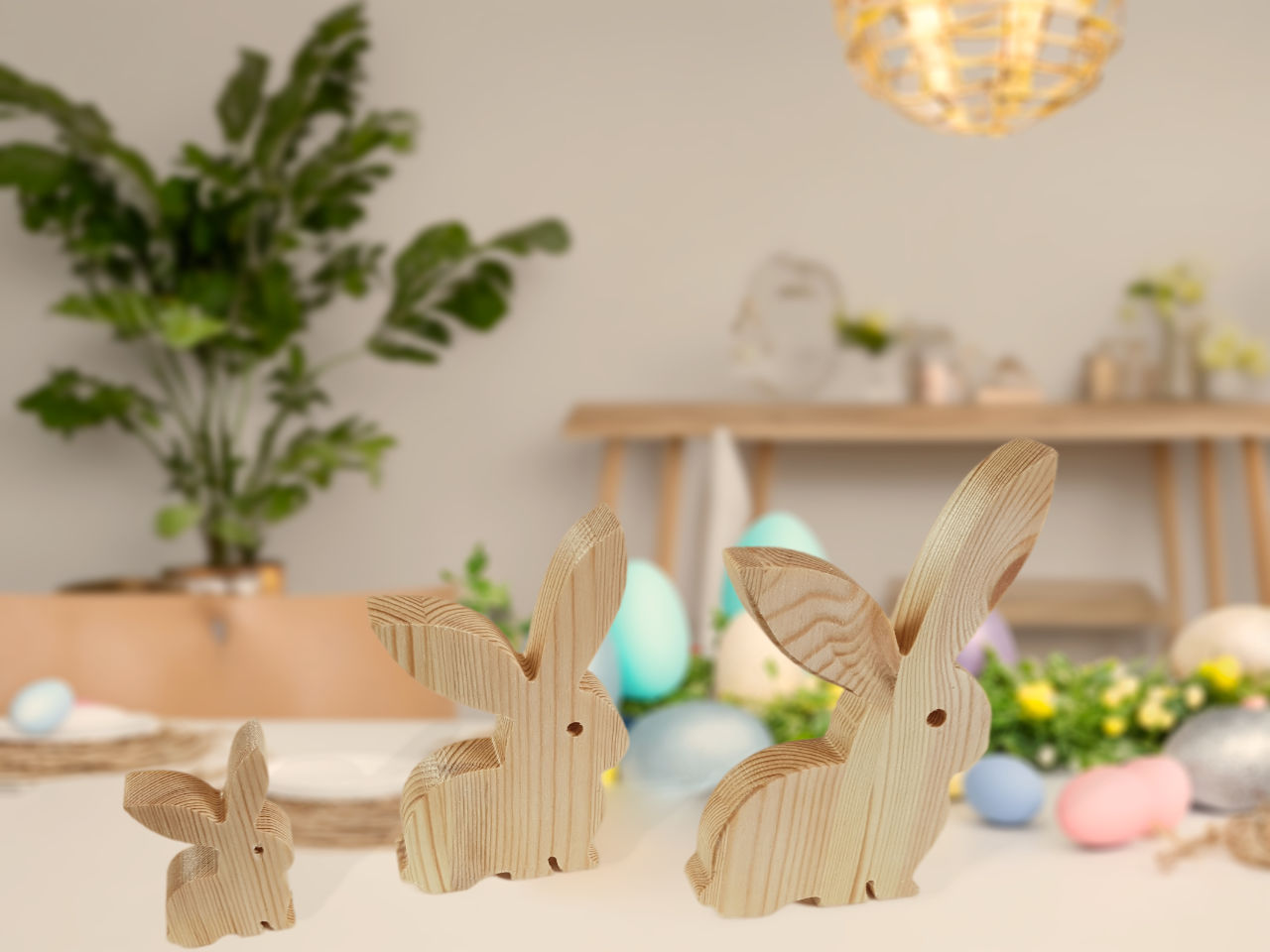 Hasen aus Kiefernholz 4er Set - Deko-Artikel (Bild 4) - Handgefertigtes Holzprodukt